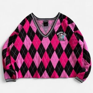 Hot Topic Monster High Pink Black Argyle Skimmer V-Neck Sweater